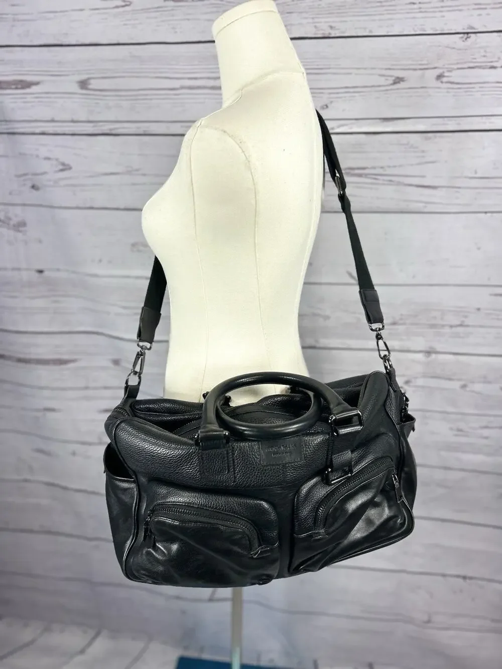 Aquatalia Made in Italy Black Leather Cargo Duffel Shoulder Bag